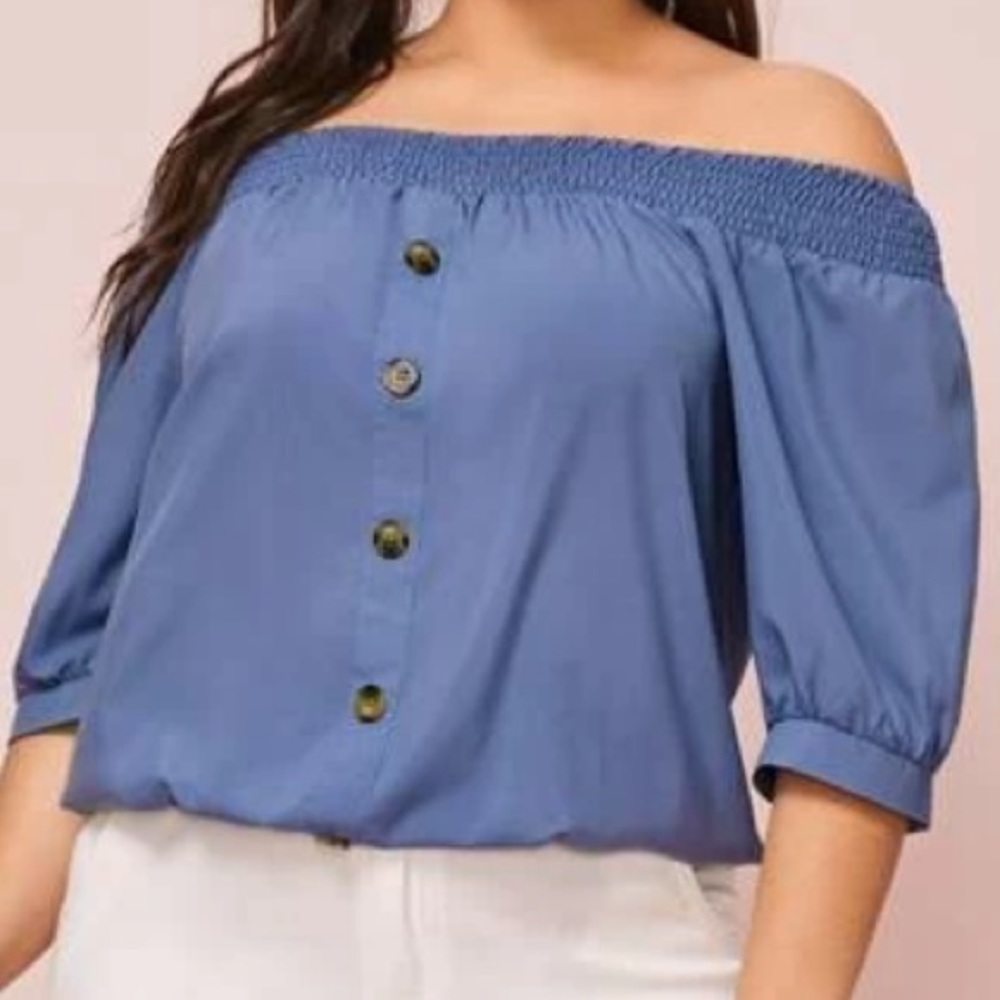 PLUS OFF THE SHOULDER SHIRRED BUTTON FRONT TOP